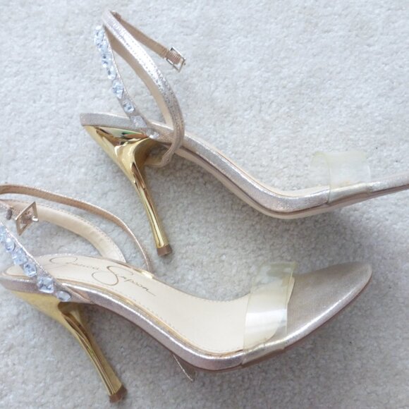 JESSICA SIMPSON shimmery gold single strap heels with crystal bead accets - Picture 5 of 11